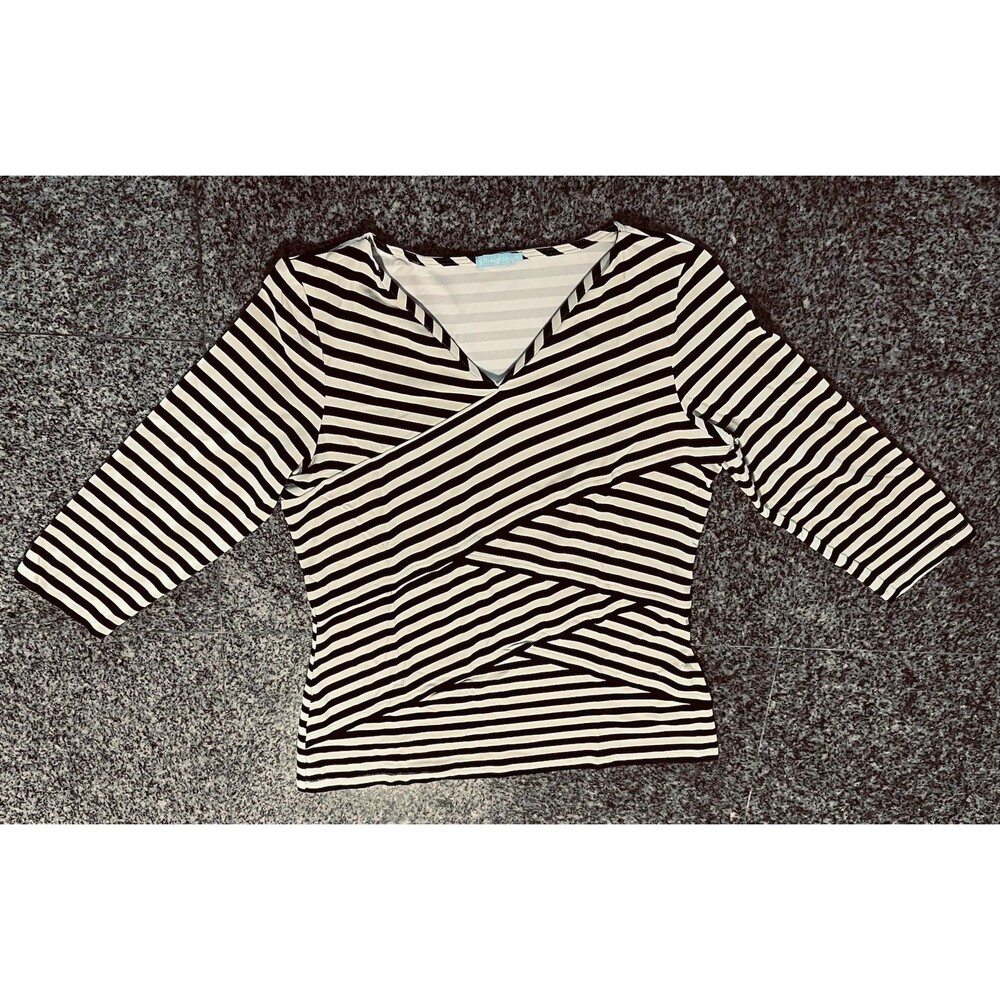 J McLaughlin Catalina Cloth Asymmetrical Striped V Neck Top Womens M Black/White